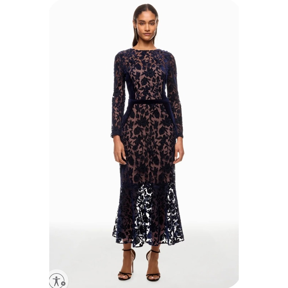 Marchesa Notte Cutwork Velvet Tulle Midi Dress Navy Blue Floral Burnout Sz 2